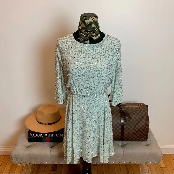 Alice + Olivia Sparkling Light Blue Mini Dress all in one sequins s - Picture 6 of 7